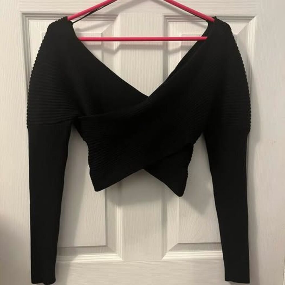 HYFVE Black Criss Cross Off-the-Shoulder Ribbed Cropped Sweater